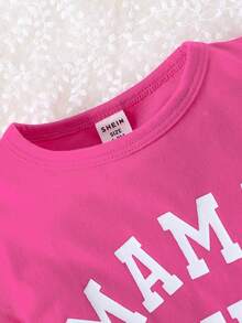 Baby Girl Simple Style Casual Letter Print Short Sleeve Top Hooded Sweatshirt Velvet Flare Pants Outfits, Spring/Summer - Hot Pink - View 8