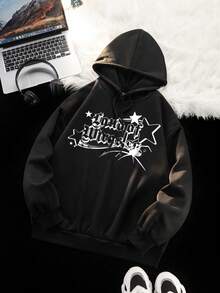 SHEIN EZwear 女款有字母和星星印花的連帽運動衫 - 黑色 - 查看 4