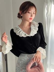 FRIFUL Của phụ nữ Khối màu Nhóm thêu Tay áo chuông Áo sơ mi - màu đen - Xem 1