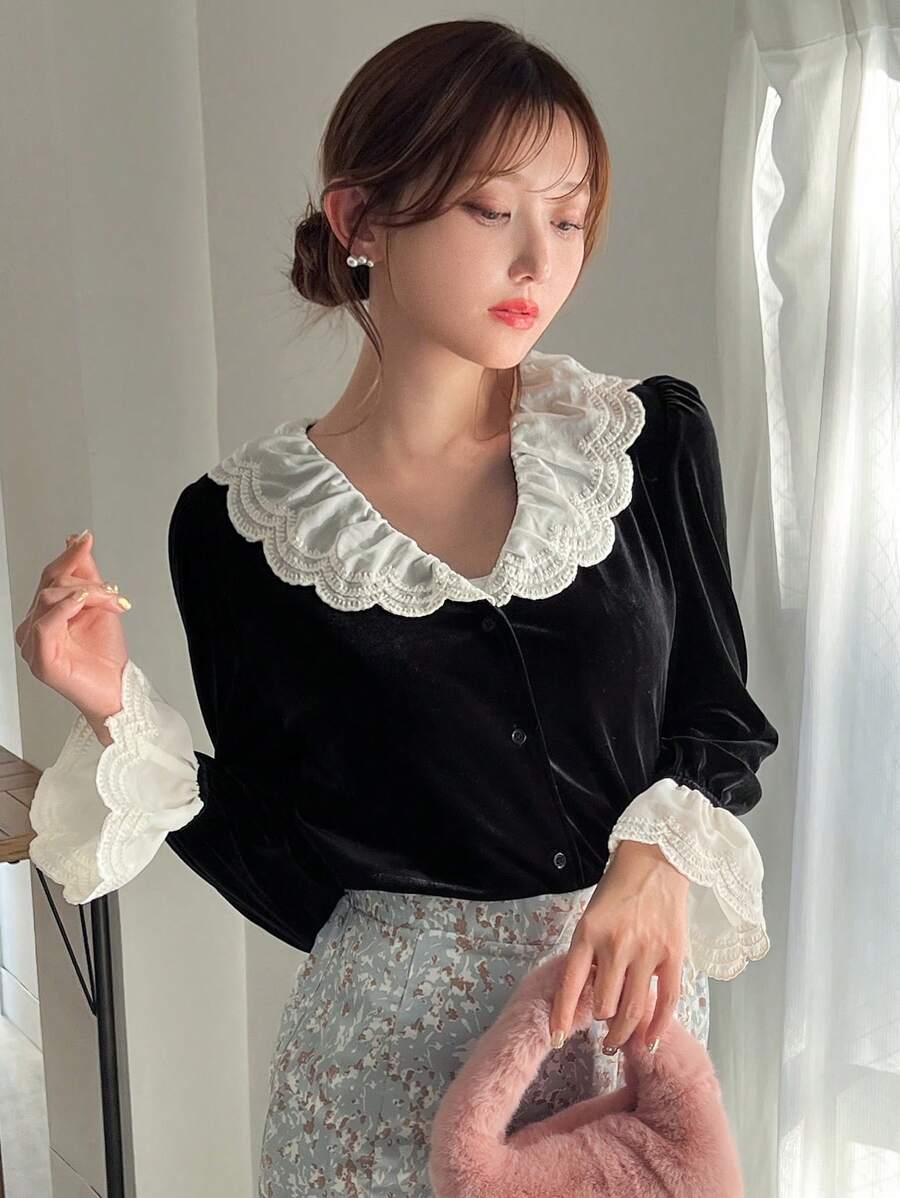 FRIFUL Của phụ nữ Khối màu Nhóm thêu Tay áo chuông Áo sơ mi - màu đen - Xem 1