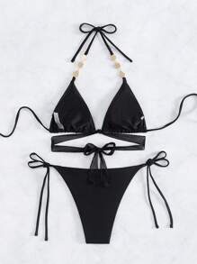 Swim SXY Women's Halter Neck Cut Out Bikini Set With Strap Music Festival Summer Beach - Black - View 2