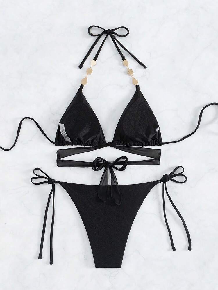 Women's Halter Neck Cut Out Bikini Set With Strap Music Festival Summer Beach