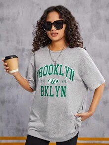 SHEIN 青少女針織字母印花t恤和純色短褲休閒二件套裝