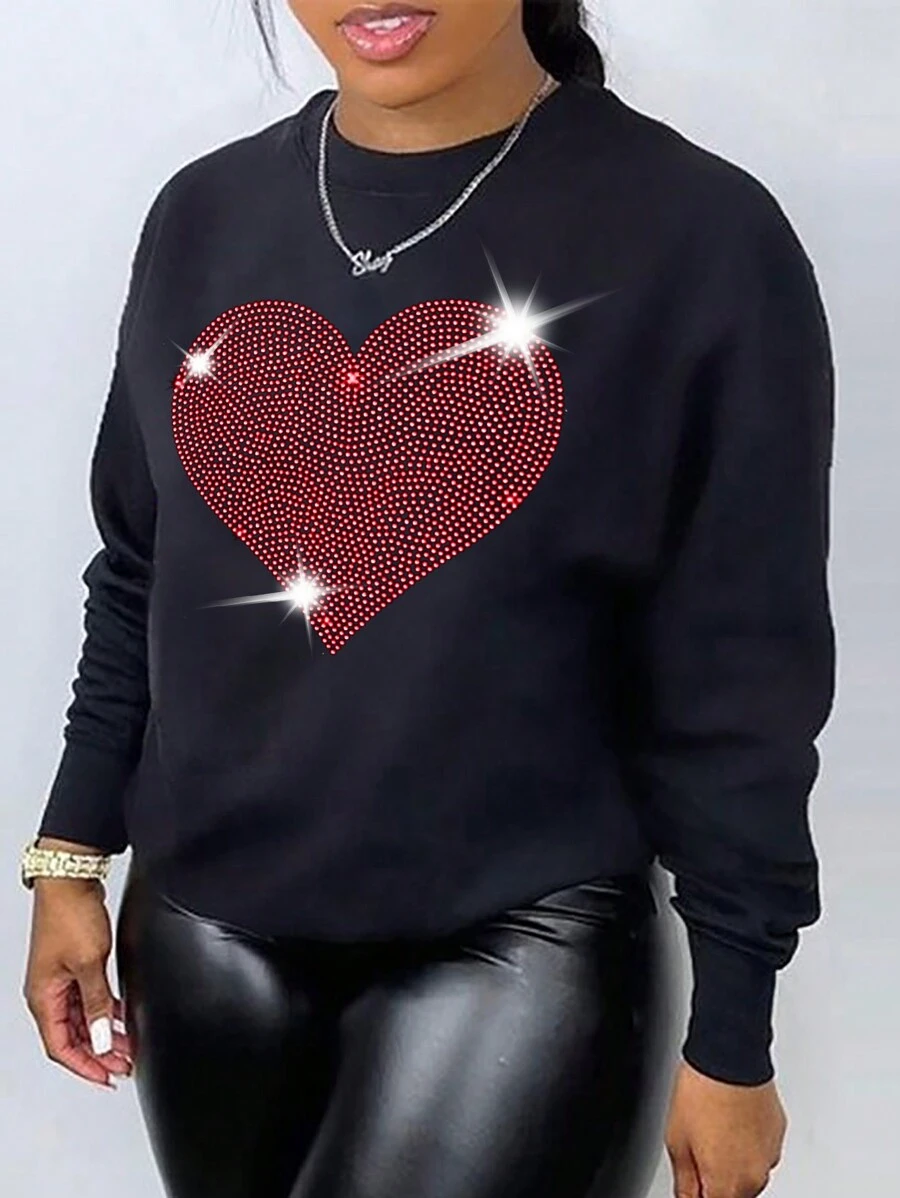 Maweii 加大尺碼女士愛心鑽石裝飾圓領運動衫 - 黑色 - 查看 1