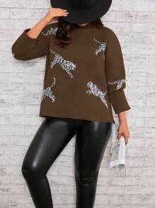 SHEIN LUNE 大尺碼豹紋長袖套頭毛衣 - 摩卡棕 - 查看 4