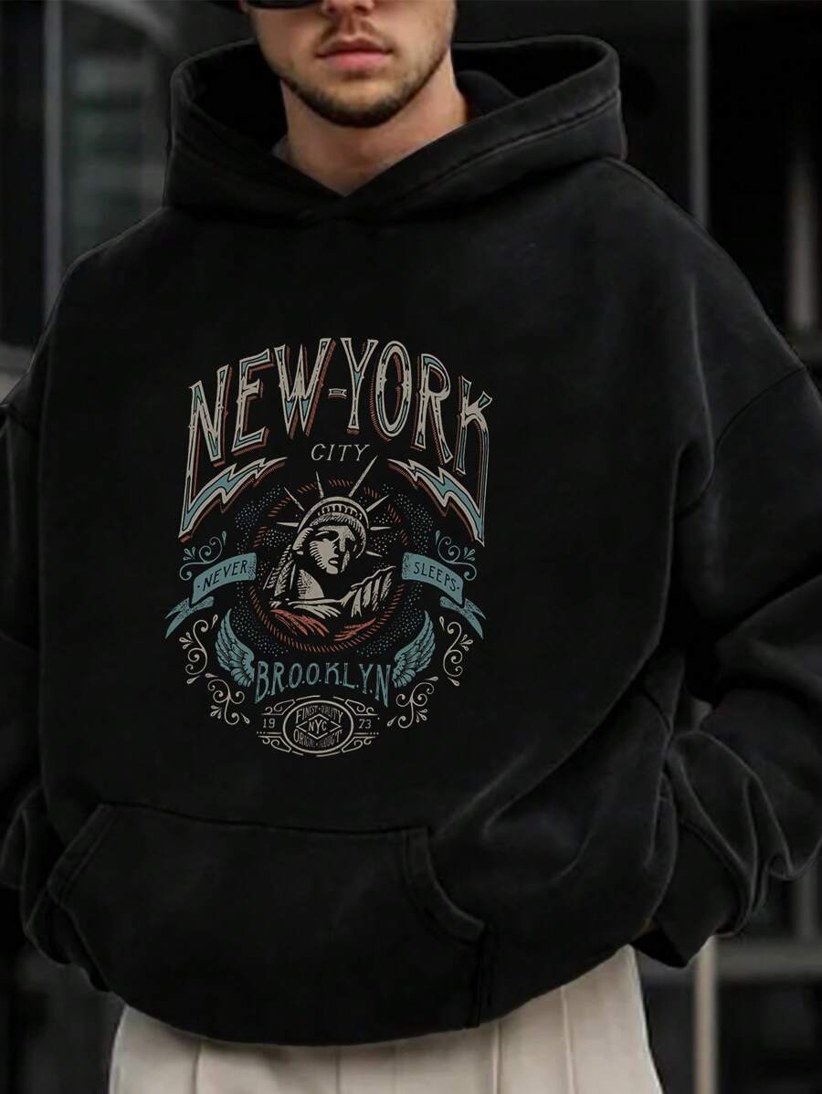 Men Letter Graphic Drop Shoulder Hoodie, Fall, Long Sleeve Top - Black - View 1