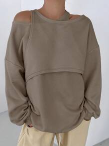 DAZY Sudadera de mujer con cuello asimétrico y hombros abiertos - Marrón - Ver 5