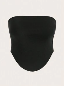 SHEIN BASICS 女性加大碼實色無肩帶上衣,不對稱下擺設計 - 黑色 - 查看 6