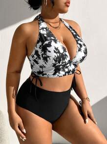 Swim Lushoire Summer Beach Plus Size Tie-Dye Halter Top And Solid Color Bottom Bikini Set Carnival - Black and White - View 5