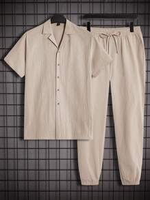 Manfinity Homme Men's Vacation Plain Solid Color Short Sleeve Shirt And Pants Suit - Khaki - View 1