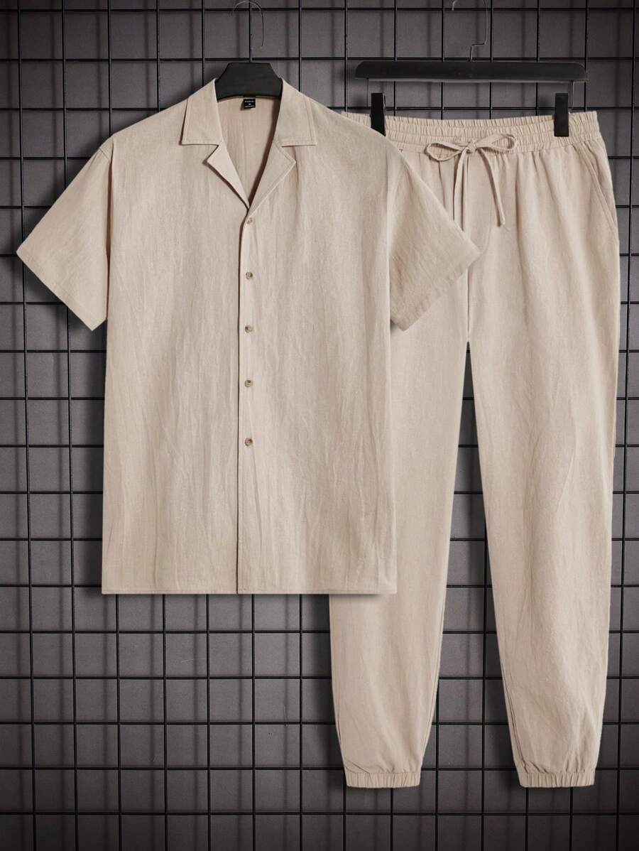 Manfinity Homme Men's Vacation Plain Solid Color Short Sleeve Shirt And Pants Suit - Khaki - View 1
