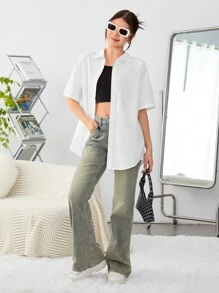 SHEIN Thiếu niên Cô gái Dệt màu trơn Màu sắc Mặt trước & Trở lại Mở Nút Giải trí Áo sơ mi Với Cổ bẻ - trắng - Xem 4