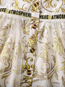 Baby Girls Spring/Summer Gold Foil Printed Mesh Contrast Letter Ribbon Dress - Multicolor - View 6