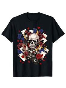 SHEIN Coolane 女士休閒骷髏玫瑰印花短袖T恤，夏季 - 黑色 - 查看 1