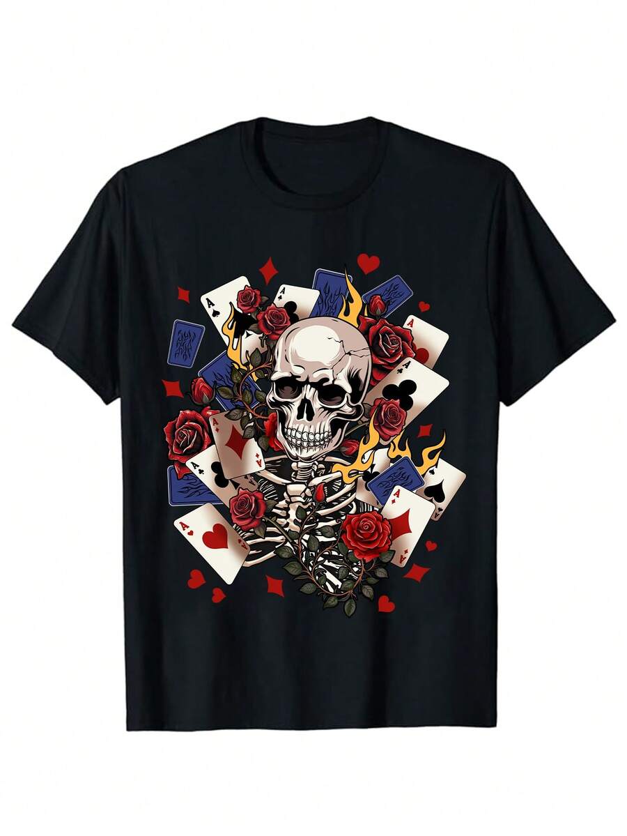 SHEIN Coolane 女士休閒骷髏玫瑰印花短袖T恤，夏季 - 黑色 - 查看 1