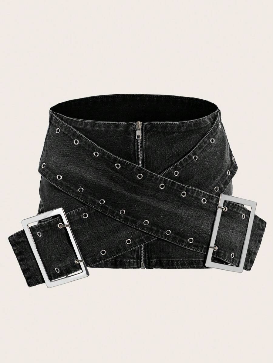 SHEIN ICON 女式牛仔a字裙,前拉鍊設計,十字交叉細節