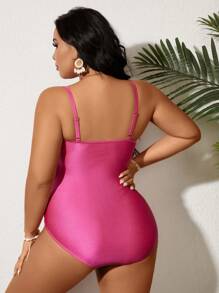 SHEIN Swim Curve 夏季大码纯色流苏连体泳衣 - 軍綠色 - 查看 2
