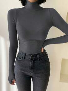 DAZY 女式立领长袖T恤，秋季女装高领衫 - 灰色 - 查看 4