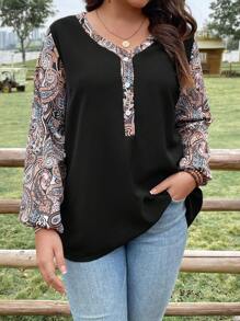 EMERY ROSE Plus Size Peacock Printed Lantern Sleeve Button Half Placket Blouse - Black - View 1
