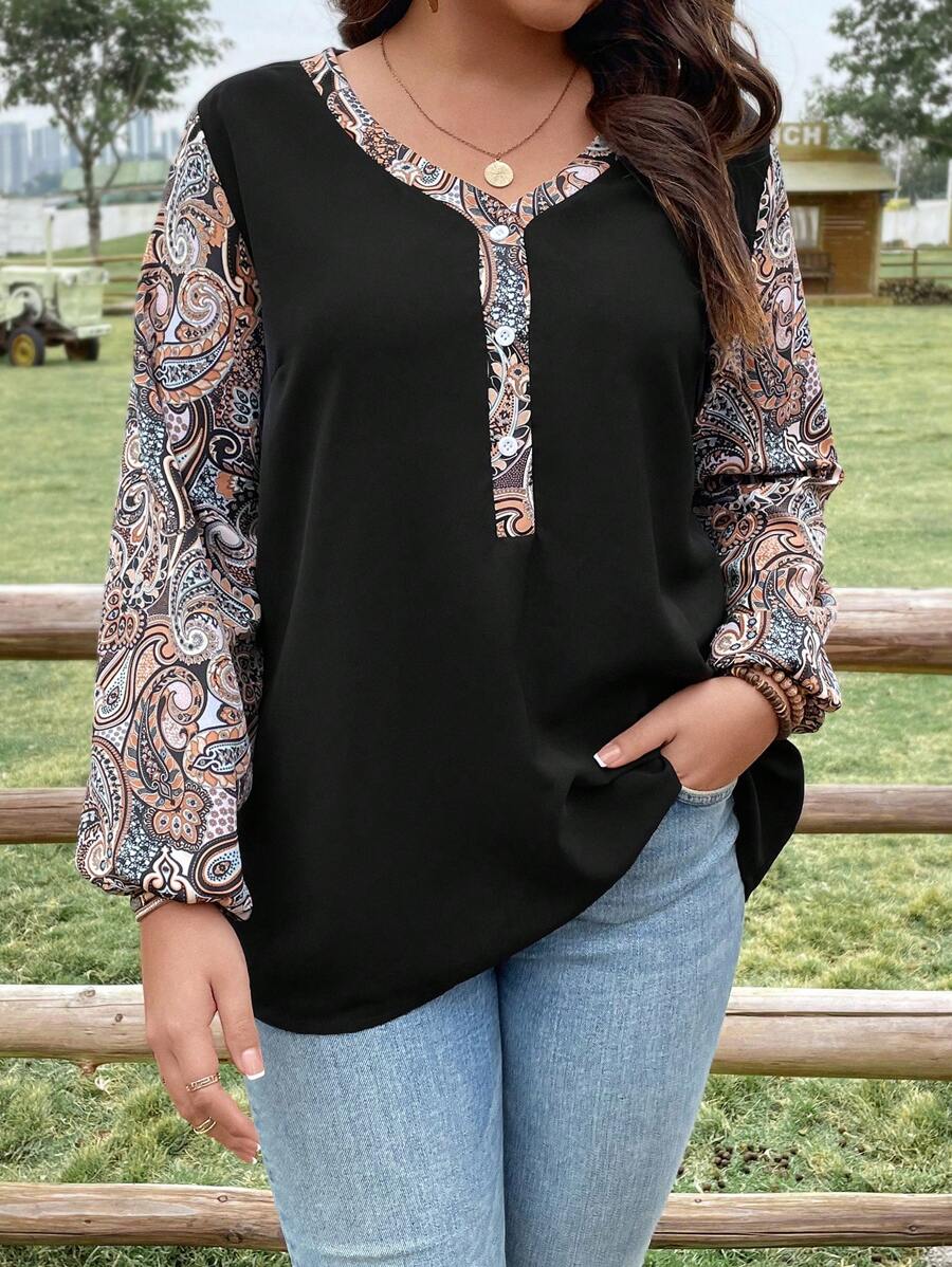 EMERY ROSE Plus Size Peacock Printed Lantern Sleeve Button Half Placket Blouse - Black - View 1