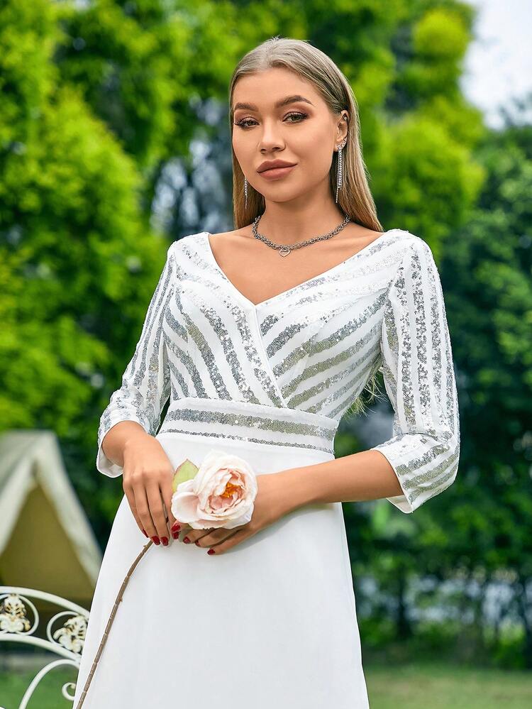 Bridesmaid Long Dress With Sequin Mesh Inserts, Chiffon Deep V-Neckline, 3/4-Sleeves