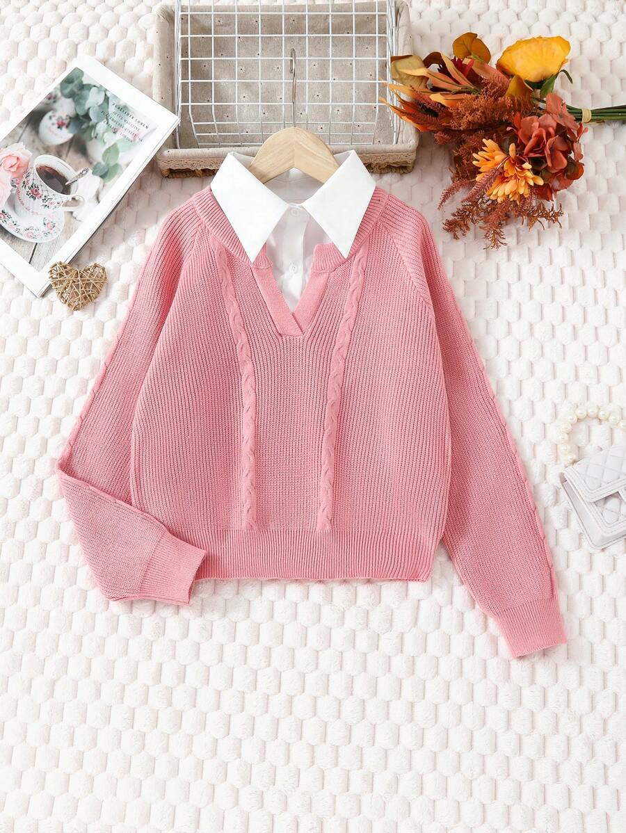 Tween Girls' Raglan Sleeve Cable Knit Sweater - Pink - View 1