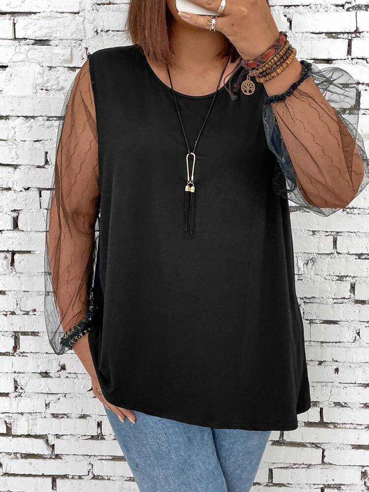 Plus Size Sheer Mesh Lantern Sleeve Round Neck T-Shirt Fall Cloth For Women