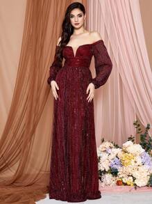 LOVE&LEMONADE Women's Off Shoulder Burgundy Dress With High Slit And Long Sleeves - Red - View 3