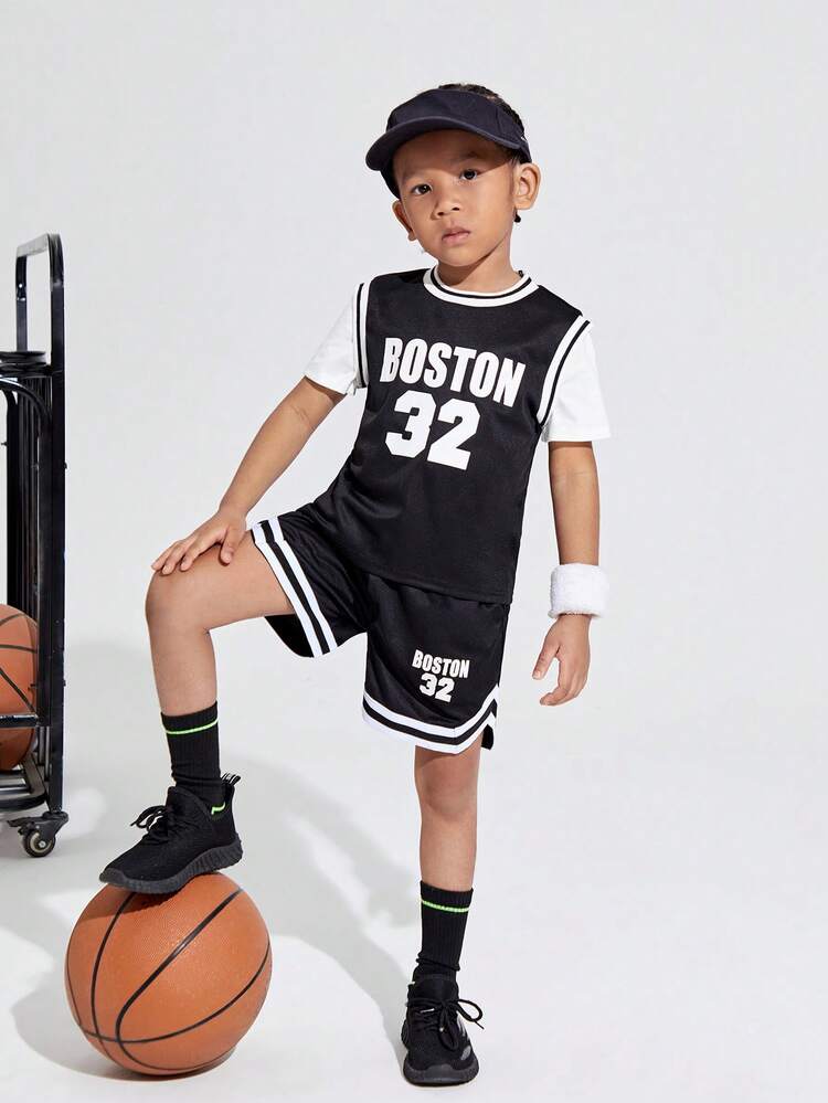 Young Boys' Sports Round Neck T-Shirt And Shorts Set