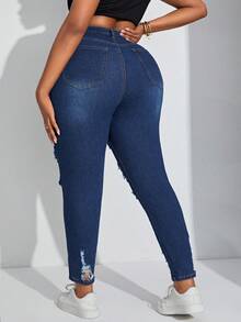 SHEIN SXY Kích thước lớn Thon gọn Quần jean Distressed - Rửa tối - Xem 2
