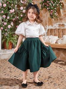 SHEIN Young Girl's Satin Collar Button-Front Puff Sleeve Shirt With Frill Trim Skirt Set, Mommy And Me Matching Outfits (3 Pieces Sold Separately)