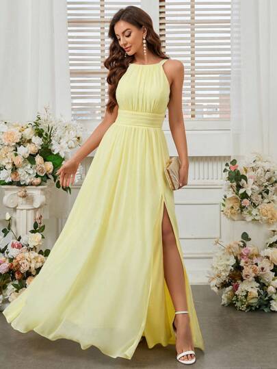 SHEIN Belle Elegant Woman, Soft Light Yellow, Flowing Chiffon, High Waist, Pleated Front Chest, Boat Neck, Wide Straps, A-Shaped Volume Umbrella Hem, Easter Holiday Season, Mother's Day, Music Festival, Back To School Season, Graduation Season, Prom Party, Date, Bridesmaid Dress, For Valentine's Day