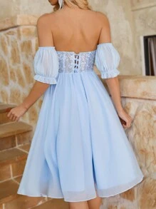 SHEIN Belle Light Blue French Lace Splicing Chiffon Tube Top Dress,Elegant Backless Puff Sleeve Strapless Cocktail Party Prom Dress For Wedding Guest Homecoming - Baby Blue - View 2