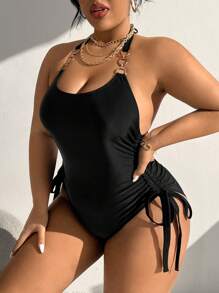 Swim Vcay Summer Beach Plus Size Solid Color One-Piece Swimsuit With Drawstring - Black - View 4