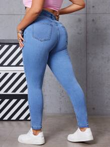 CovetEZ Plus Size Solid Color Skinny Jeans - Medium Wash - View 2