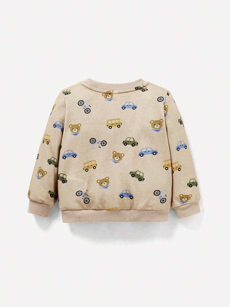 Boys' Baby Cartoon Bear & Car Pattern Round Neck Pullover Sweatshirt With Regular Shoulder