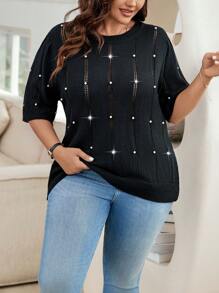Calvaya Plus Size Women'S Knitted Top With Faux Pearl And Hollow Out Design - Black - View 3