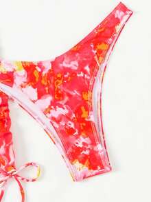 SHEIN Swim Twist Detail Random Printed Bikini Set With Swim Cover Up Skirt Valentine, For Summer Beach Vacation - Red - View 5