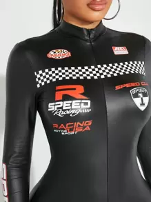 SHEIN SXY 女性方格紋PU緊身衣，帶字母印花 - 黑色 - 查看 6