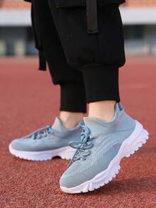 Teenager's Breathable Lightweight Sports Style Sneakers With Socks, Solid Color - Baby Blue - View 3