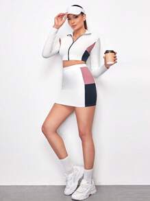 SHEIN Sports  Tennis Basic Thigh Highs  With JACKET AND SKIRT SET - Multicolor - View 1