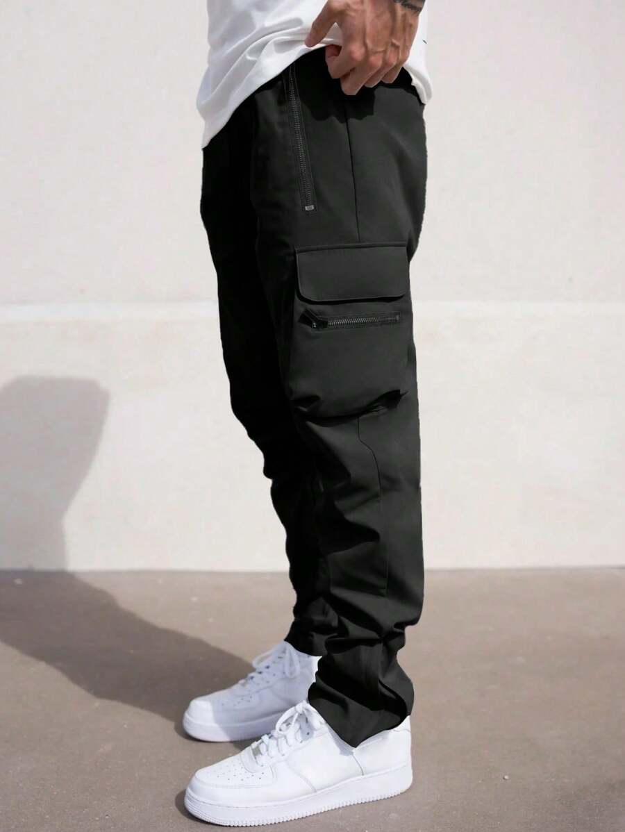 Manfinity Homme Quần Cargo trơn màu dáng rộng cho nam, dành cho mùa thu - màu đen - Xem 1