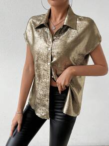 SHEIN Privé Women's Glossy Batwing Sleeve Shirt - Gold - View 4