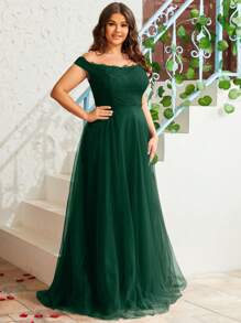 Kích thước lớn Tắt vai Đầm dạ hội Chính thức Váy phù dâu - Màu xanh lá cây đậm - Xem 5