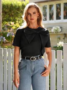Anewsta Black T-Shirt With Bow Knot