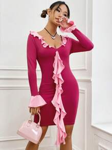 Chiquease Vestido Ajustado Con Detalle De Volantes Multiflor Y Bloque De Colores - Rosa - Ver 4