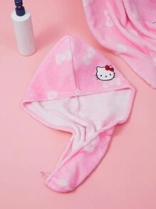 HELLO KITTY AND FRIENDS | SHEIN Cute Bow Printed Cat Embroidery Pink Hair Drying Cap, For Home Bathroom - Pink - View 2