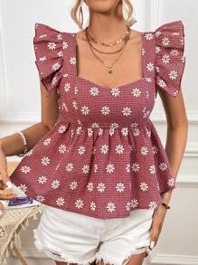 Soleia 女士小碎花雏菊印花斗篷袖衬衫 - 紅色 - 查看 4