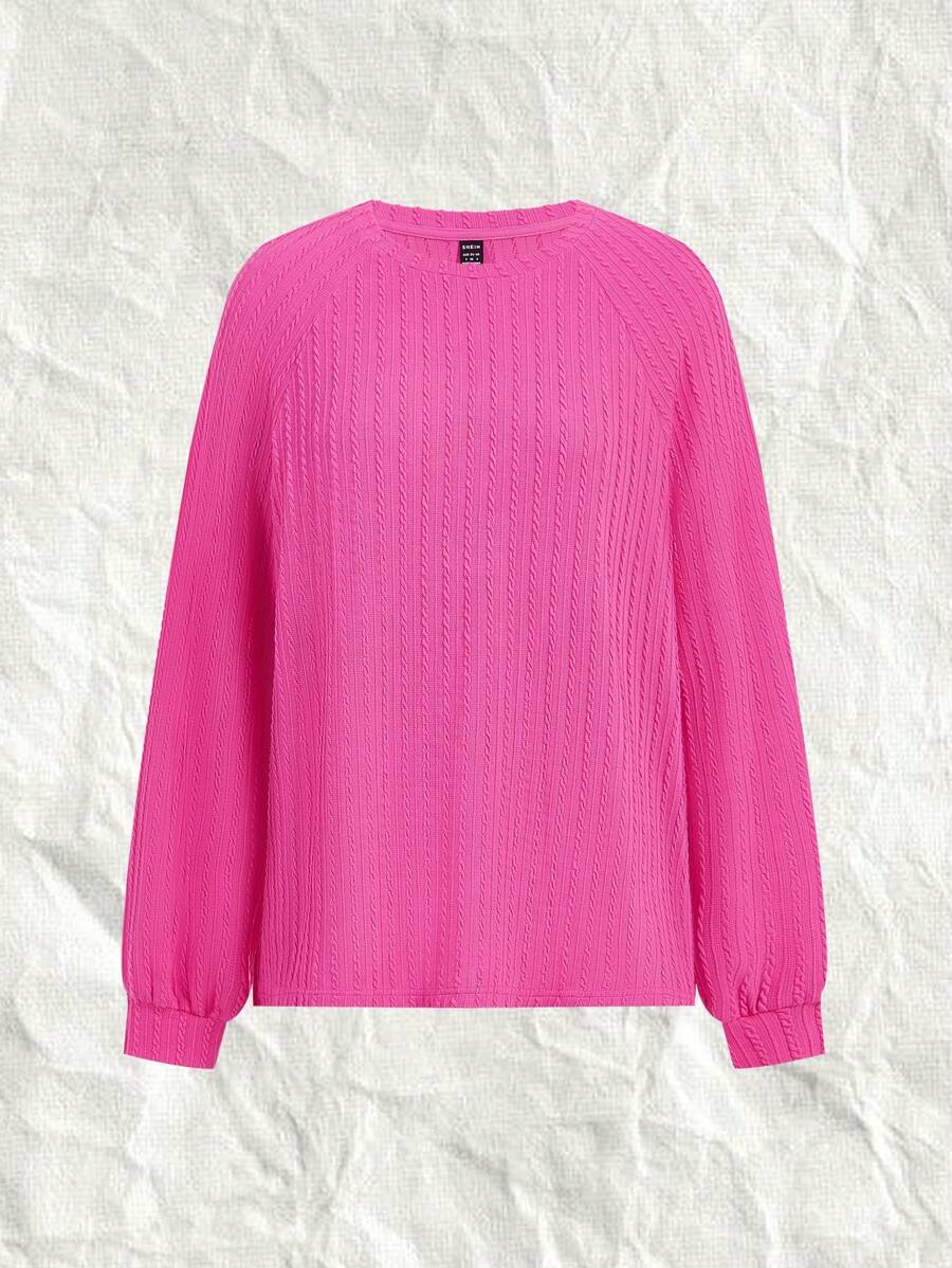 SHEIN EZwear T-shirt Décontracté En Tricot Pour Dames Avec Texture Torsadée Rose - Rose bonbon - Voir 1
