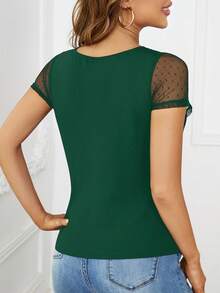 SHEIN Clasi Women's Round Neck Mesh Panel Short Sleeve T-Shirt - Dark Green - View 2